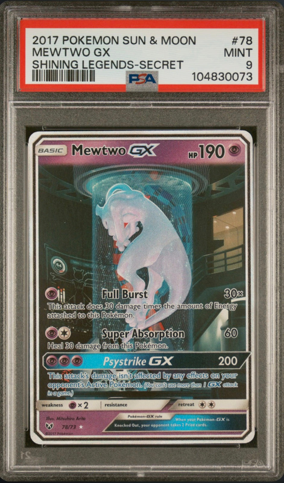 2017 POKEMON SUN & MOON MEWTWO GX #78 SHINING LEGENDS-SECRET MINT 9